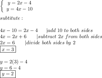 \left\{\begin{array}{ccc}y=2x-4\\y=4x-10\end{array}\right\\\\subtitute:\\\\4x-10=2x-4\ \ \ \ \ |add\ 10\ to\ both\ sides\\4x=2x+6\ \ \ \ \ \ |subtract\ 2x\ from\ both\ sides\\2x=6\ \ \ \ \ \ |divide\ both\ sides\ by\ 2\\\boxed{x=3}\\\\y=2(3)-4\\y=6-4\\\boxed{y=2}