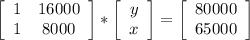 \left[\begin{array}{ccc}1&16000\\1&8000\\\end{array}\right] * \left[\begin{array}{ccc}y\\x\\\end{array}\right] = \left[\begin{array}{ccc}80000\\65000\end{array}\right]