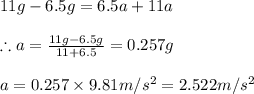 11g-6.5g=6.5a+11a\\\\\therefore a=\frac{11g-6.5g}{11+6.5}=0.257g\\\\a=0.257\times 9.81m/s^{2}=2.522m/s^{2}
