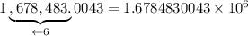 1\underbrace{,678,483.}_{\leftarrow6}0043=1.6784830043\times10^6