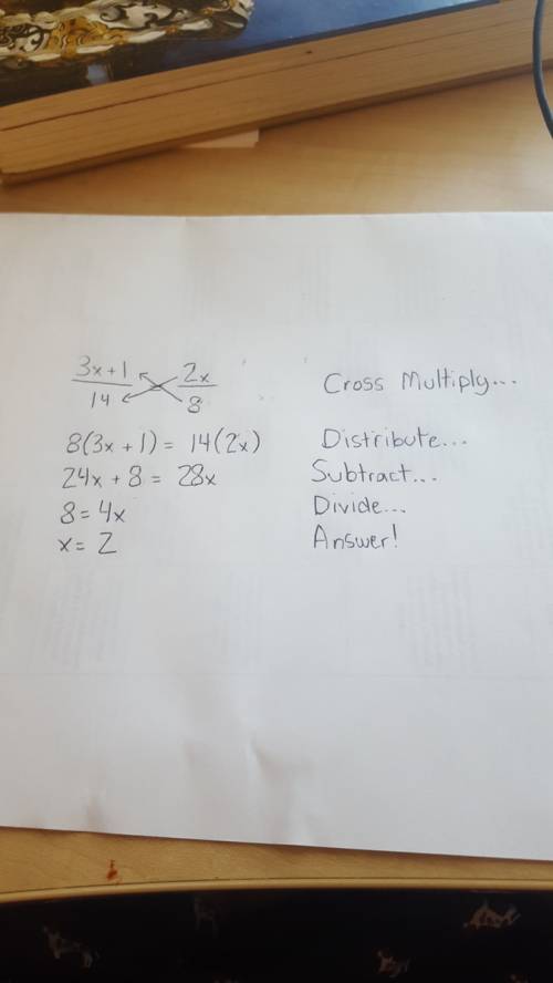 Me 3x+1/14=2x/8 what is x?  explain how you got the answer