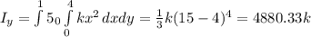 I_{y}= \int\limits^15_0\int\limits^4_0 {k x^{2} } \, dx  dy= \frac{1}{3}k (15-4)^4=4880.33k