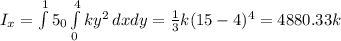 I_{x}= \int\limits^15_0\int\limits^4_0 {k y^{2} } \, dx  dy= \frac{1}{3}k (15-4)^4=4880.33k
