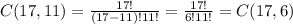 C(17,11)=\frac{17!}{(17-11)!11!}=\frac{17!}{6!11!}=C(17,6)