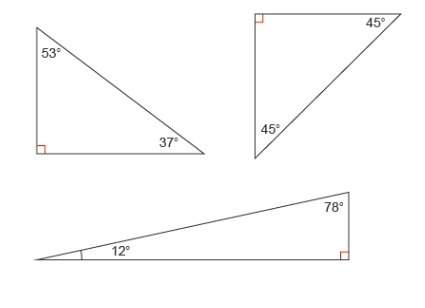 Vivian draws three right triangles. in each figure, she measures a pair of angles, as shown. which c