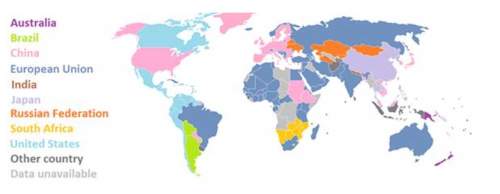 The map shows the largest source of food and other imports for countries around the world. based on