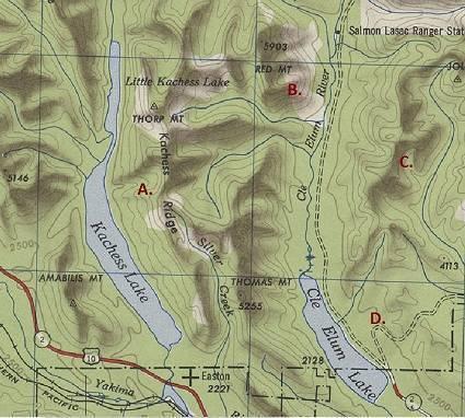 Atopographic map of a section of washington state is shown here. which location is most likely to be