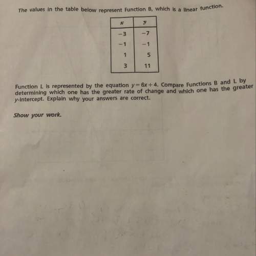 Function l is represented by the equation y 6x +4. compare functions b an determining which one has