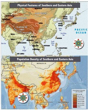 Using the map of the population density of southern and eastern asia, what can you determine about t