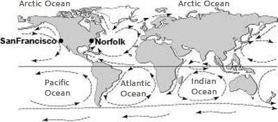 Study the following ocean currents map. which statement is most likely correct about the average tem