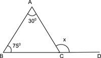 In the figure shown, what is the measure of angle x? 150 degrees 110 degrees 105 degrees 100 degree