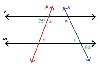 For the following diagram, assume that l || m. solve for each of the variables, w, x, y, and z. for