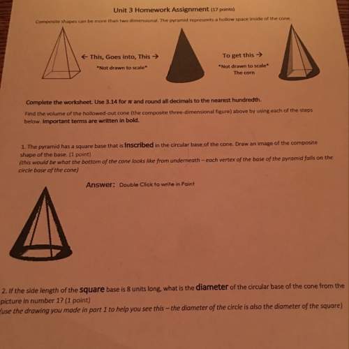The pyramid has a square base that us inscribed in the circular base of the cone. draw an image of t