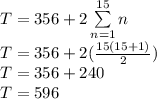 T=356+2\sum\limits^{15}_{n=1}n\\T=356+2(\frac{15(15+1)}{2} )\\T=356+240\\T=596