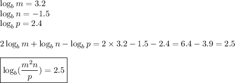 \log_b m=3.2 \\ \log_b n=-1.5 \\ \log_b p=2.4 \\ \\&#10;2 \log_b m+\log_b n - \log_b p=2 \times 3.2-1.5-2.4=6.4-3.9=2.5 \\ \\&#10;\boxed{\log_b (\frac{m^2n}{p})=2.5}