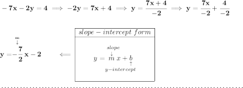 \bf -7x-2y=4\implies -2y=7x+4\implies y=\cfrac{7x+4}{-2}\implies y=\cfrac{7x}{-2}+\cfrac{4}{-2} \\\\\\ y=\stackrel{\stackrel{m}{\downarrow }}{-\cfrac{7}{2}} x-2\qquad \impliedby \begin{array}{|c|ll} \cline{1-1} slope-intercept~form\\ \cline{1-1} \\ y=\underset{y-intercept}{\stackrel{slope\qquad }{\stackrel{\downarrow }{m}x+\underset{\uparrow }{b}}} \\\\ \cline{1-1} \end{array} \\\\[-0.35em] ~\dotfill