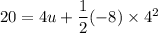 20=4u+\dfrac{1}{2}(-8)\times 4^2