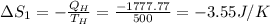 \Delta S_{1}=-\frac{Q_{H}}{T_{H}}=\frac{-1777.77}{500}=-3.55 J/K