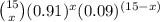 {15 \choose x} (0.91) ^ {x} (0.09) ^ {(15-x)}