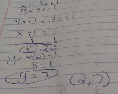 What is the system of equations below when graphed y=3x+1 y=4x-1