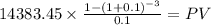 14383.45 \times \frac{1-(1+0.1)^{-3} }{0.1} = PV\\