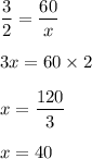 \dfrac{3}{2}=\dfrac{60}{x}\\\\3x=60\times 2\\\\x=\dfrac{120}{3}\\\\x=40