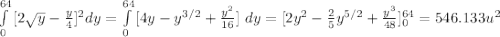 \int\limits^{64}_ {0} \, [2\sqrt{y} - \frac{y}{4}]^{2}  dy = \int\limits^{64}_ {0} \, [4y - y^{3/2} + \frac{y^{2}}{16} ]\  dy = [2y^{2} - \frac{2}{5}y^{5/2} + \frac{y^{3}}{48} ]\limits^{64}_ {0} = 546.133 u^{2}