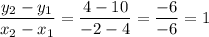 \dfrac{y_{2}-y_{1}}{x_{2}-x_{1}}= \dfrac{4-10}{-2-4}=\dfrac{-6}{-6}=1