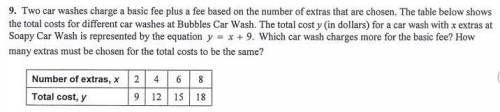 Two car washes charge a basic fee plus a fee based on the number of extras thatare chosen. the table