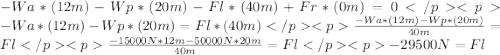 -Wa*(12m)-Wp*(20m)-Fl*(40m)+Fr*(0m)=0-Wa*(12m)-Wp*(20m)=Fl*(40m)\frac{-Wa*(12m)-Wp*(20m)}{40m}=Fl \frac{-15000N*12m-50000N*20m}{40m}=Fl-29500N=Fl