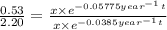 \frac{0.53}{2.20}=\frac{x\times e^{-0.05775 year^{-1} t}}{x\times e^{-0.0385 year^{-1} t}}