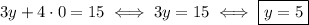 3y+4\cdot0=15\iff 3y=15\iff \boxed{y=5}