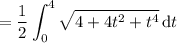 =\displaystyle\frac12\int_0^4\sqrt{4+4t^2+t^4}\,\mathrm dt