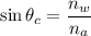 \sin\theta_{c}=\dfrac{n_{w}}{n_{a}}