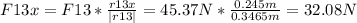 F{13x}=F{13}*\frac{r13x}{|r13|}=45.37N*\frac{0.245m}{0.3465m}=32.08 N