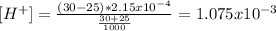 [H^{+} ]=\frac{(30-25)*2.15x10^{-4}}{\frac{30+25}{1000} } =1.075x10^{-3}