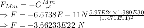F_{Mm}=-G\frac{Mm}{r^2}\\\Rightarrow F=-6.6738E-11 N \frac{5.97E24\times 1.989E30}{(1.471E11)^2}\\\Rightarrow F=-3.66233E22\ N