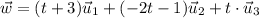 \vec{w} = (t+3)\vec{u}_1 + (-2t -1)\vec{u}_2 + t\cdot \vec{u}_3