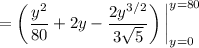 =\left(\dfrac{y^2}{80}+2y-\dfrac{2y^{3/2}}{3\sqrt5}\right)\bigg|_{y=0}^{y=80}