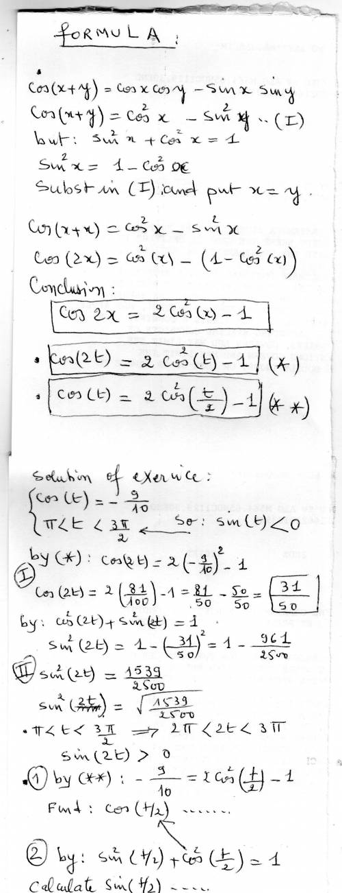 If cos(t)=-9/10 where pi <  t <  3pi/2, find the values of the following trigonometric functio