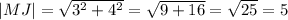 |MJ|= \sqrt{ 3^{2} + 4^{2} }= \sqrt{9+16}= \sqrt{25}=5