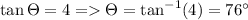 \tan \Theta =4=\Theta =\tan^{-1}(4)= 76^{\circ}