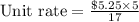 \text{Unit rate}=\frac{\$5.25\times 5}{17}