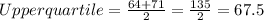 Upper quartile=\frac{64+71}{2}=\frac{135}{2}=67.5