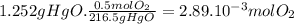 1.252gHgO.\frac{0.5molO_{2}}{216.5gHgO} =2.89.10^{-3} molO_{2}