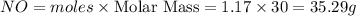 NO=moles\times {\text{Molar Mass}}=1.17\times 30=35.29g