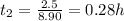 t_2 = \frac{2.5}{8.90} = 0.28 h