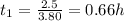 t_1 = \frac{2.5}{3.80} = 0.66 h