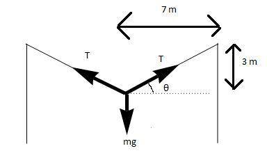 Ahorizontal clothesline is tied between 2 poles, 14 meters apart. when a mass of 4 kilograms is tied