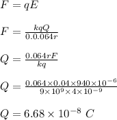 F = qE\\\\F = \frac{kqQ}{0.0.064 r} \\\\Q = \frac{0.064 rF}{kq} \\\\Q = \frac{0.064 \times 0.04 \times 940 \times 10^{-6}}{9\times 10^9 \times 4\times 10^{-9}} \\\\ Q= 6.68  \times 10^{-8} \ C